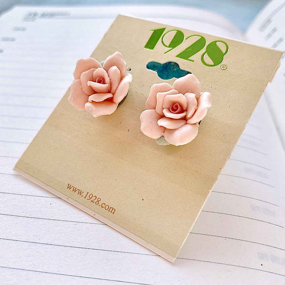 1928 Pink Porcelain Rose Stud Earrings